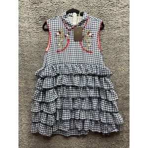 NWT Space Style Concept Embroidered Gingham Ruffle Dress Navy Blue Women Size 44